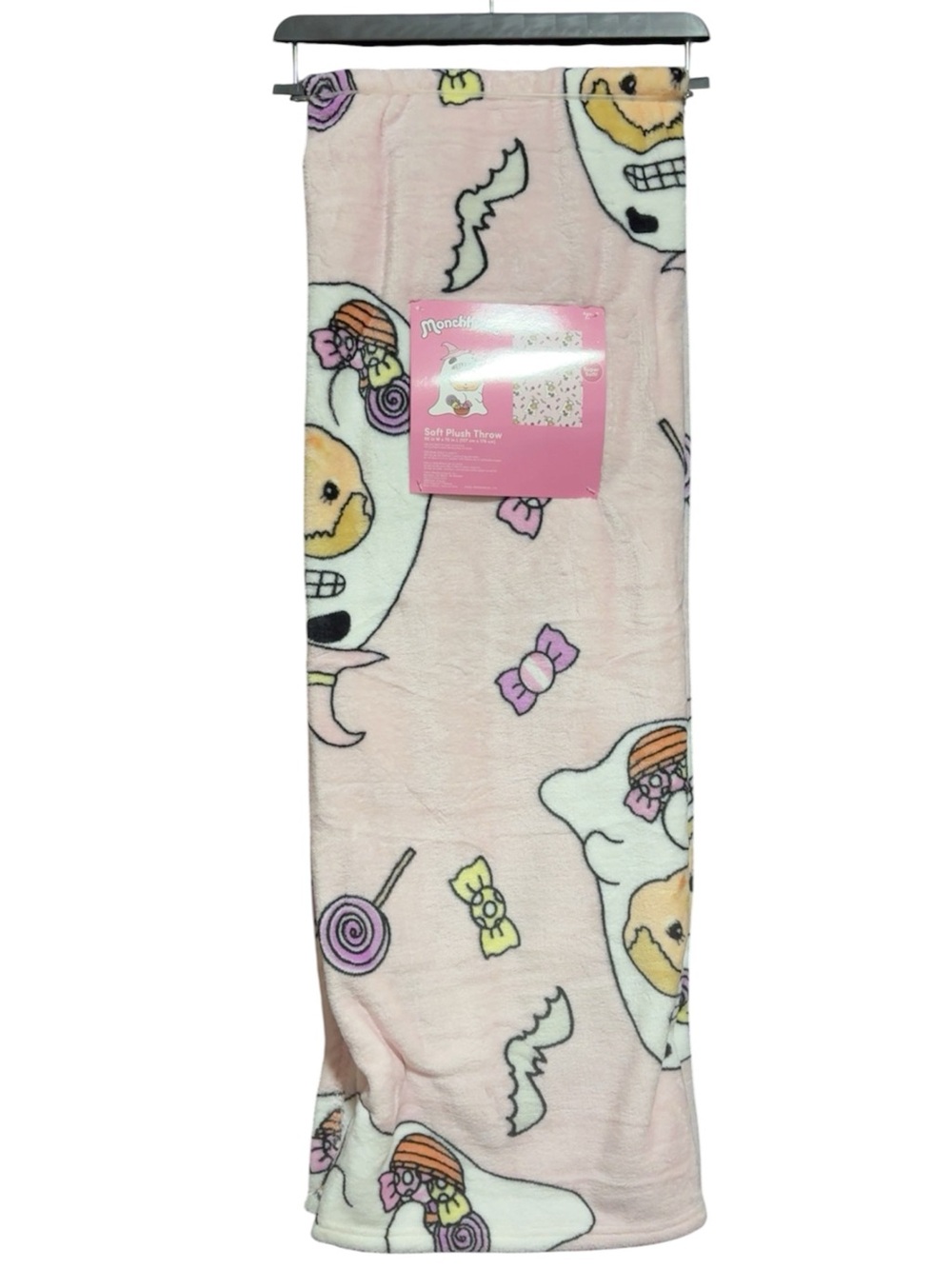 Monchhichi Soft Pink Plush Throw Blanket with Candy & Character Print